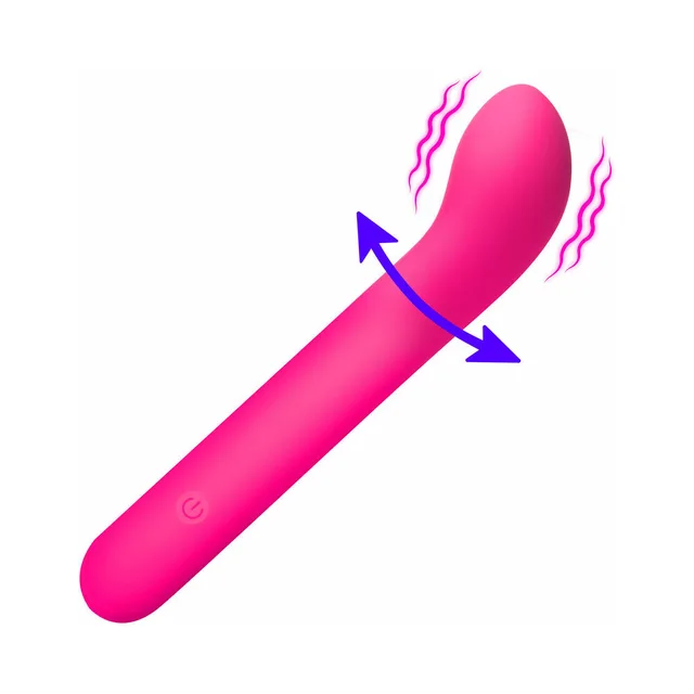 BANG pink flexible curved vibrator side view with curved motion arrow