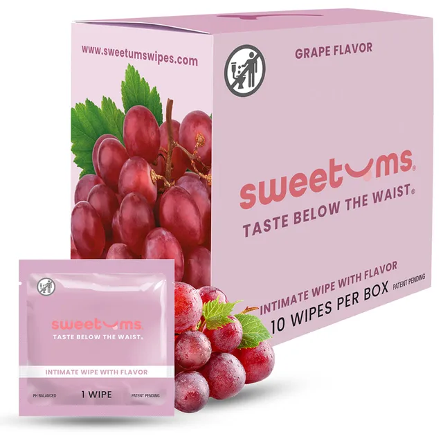 Sweetums Grape intimate wipes box, single packet and grape artwork