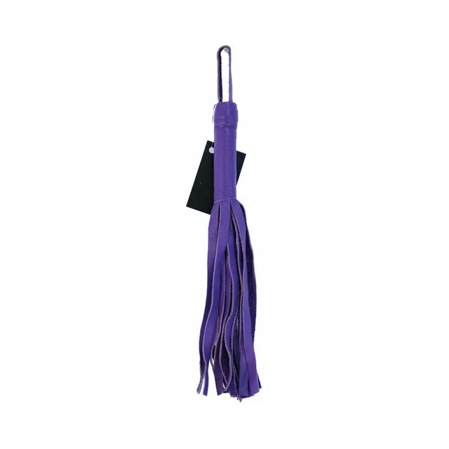 12-inch purple leather flogger with wrapped handle, loop and narrow tails