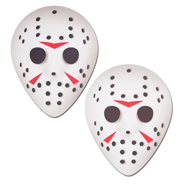 white hockey mask-shaped Pastease pasties with black holes and red markings