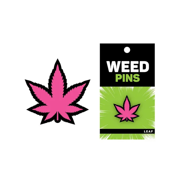 hot pink marijuana leaf enamel pin beside green Weed Pins card
