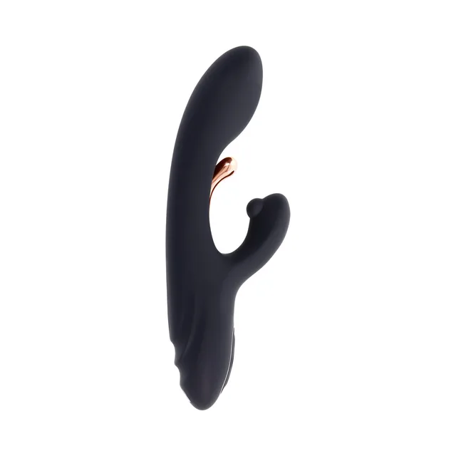 Front angle of black Aureus vibrator with rose-gold accent