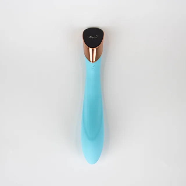 Front view of blue Manto vibrator with black oval touch panel