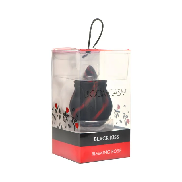 Bloomgasm Black Kiss black rimming rose inside clear cylindrical retail package