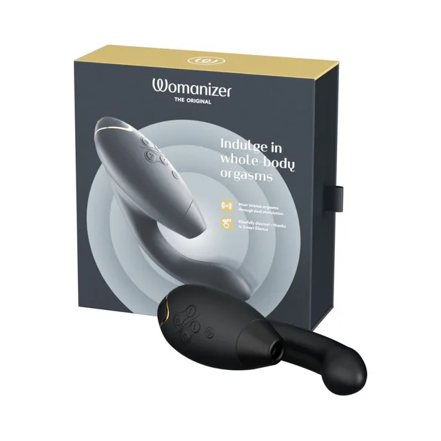 Womanizer Duo 2 black vibrator beside black retail box