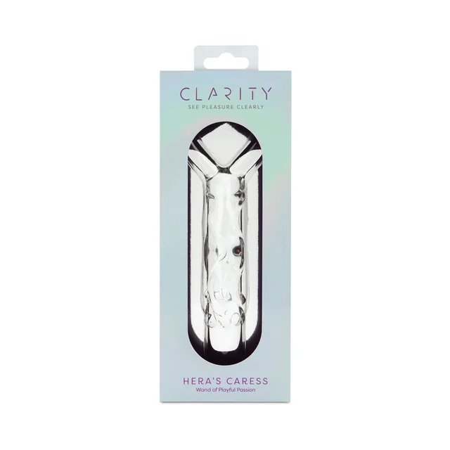 Clarity Hera's Caress clear faceted glass dildo in pale box