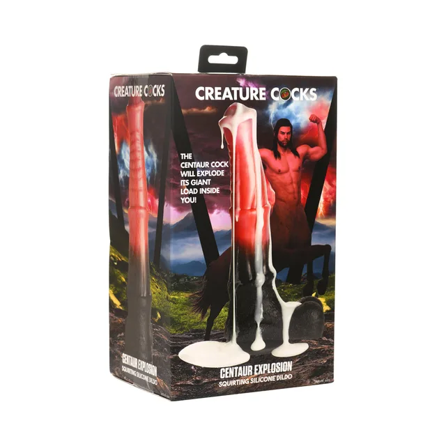 Centaur Explosion red sculpted silicone dildo with wide suction base on box