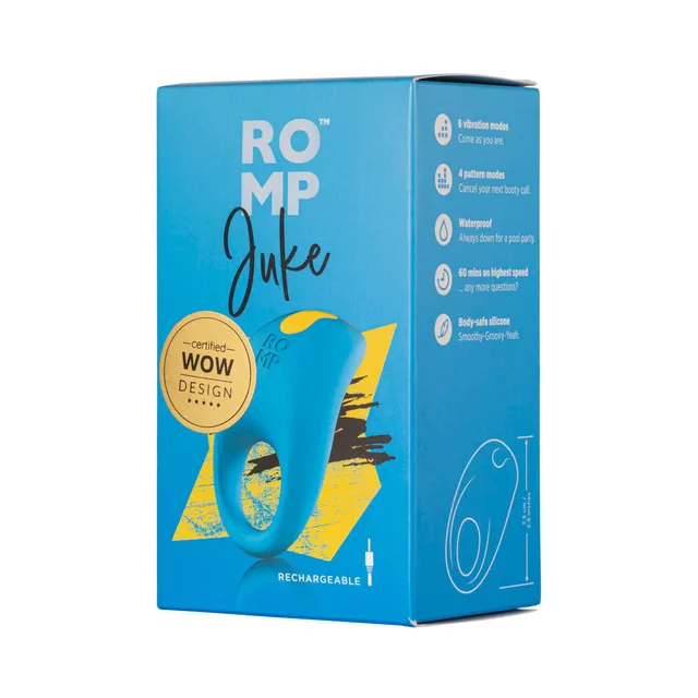 ROMP Juke light-blue vibrating ring in blue retail box