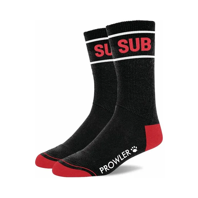 Pair of black Prowler RED Sub crew socks with red accents