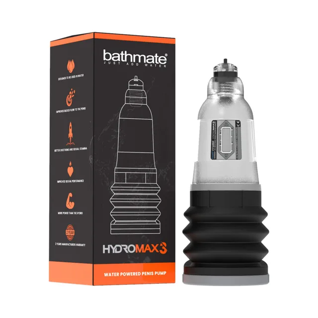 Bathmate Hydromax 3 clear pump beside black and orange box