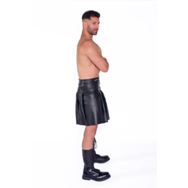 Model Side of black Prowler RED Leather Kilt in size 42-44