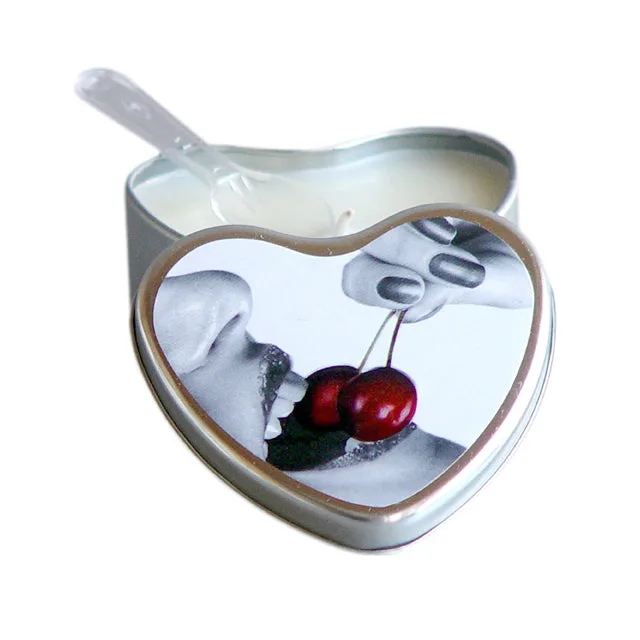 Open silver heart-shaped cherry massage candle tin with lid