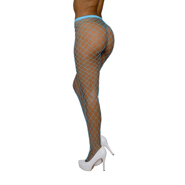 Dreamgirl neon-blue high-waist fence-net pantyhose rear-side leg view