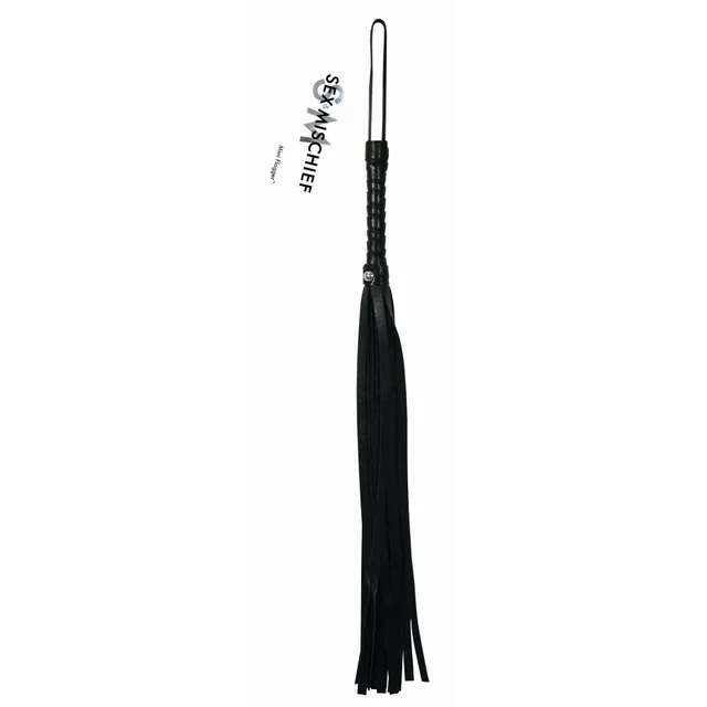 Sex & Mischief Mini Flogger full black handle wrist loop and layered tails
