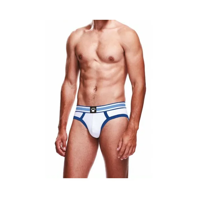 Front view of Prowler white brief with blue double straps size XL