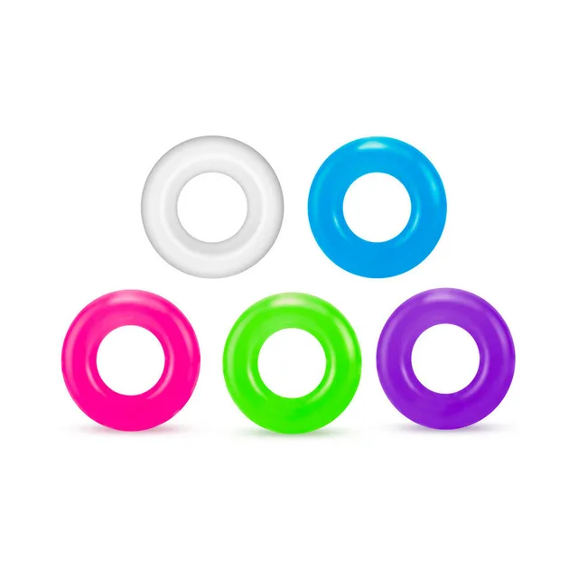 Five rounded C-rings in clear blue pink green and purple
