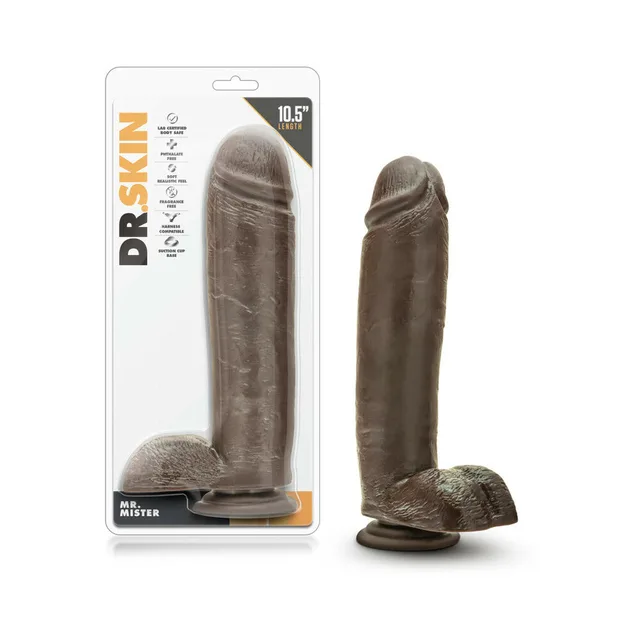 Dr. Skin Mr. Mister Brown 10.5 Inch Dildo beside clear retail package