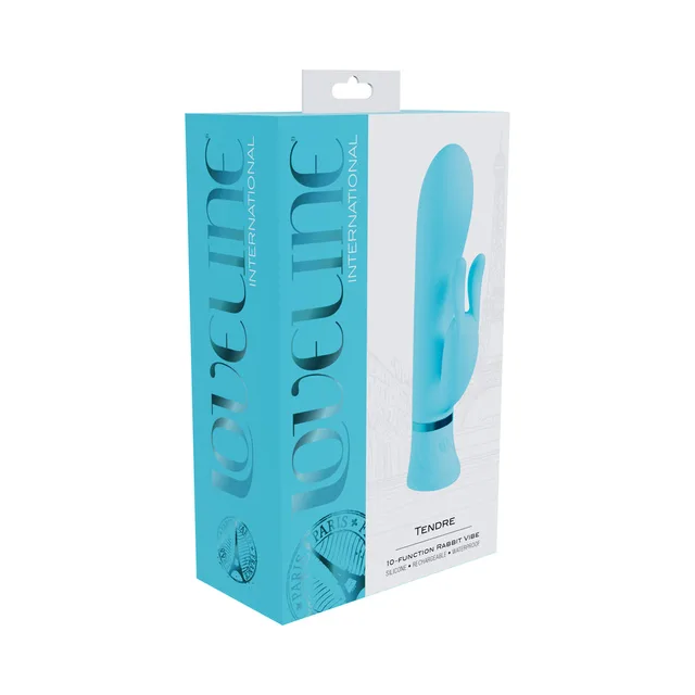 Blue Loveline Tendre rabbit vibrator in turquoise retail box