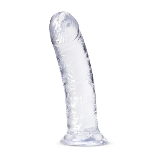Low angled view of clear Roar 'n' Ride dildo and suction base