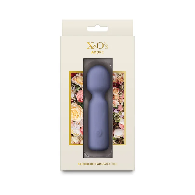 X&O's Adore dusty blue silicone rechargeable vibrator inside the cream floral retail box