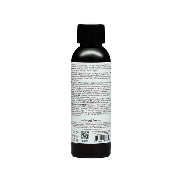 Back label of 2 oz Earthly Body Lavender massage and body oil