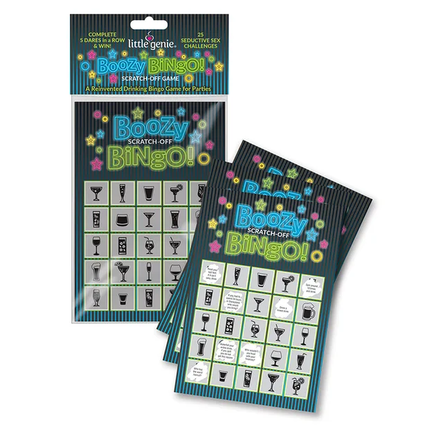 Boozy Bingo green and blue package with two scratch-off cards