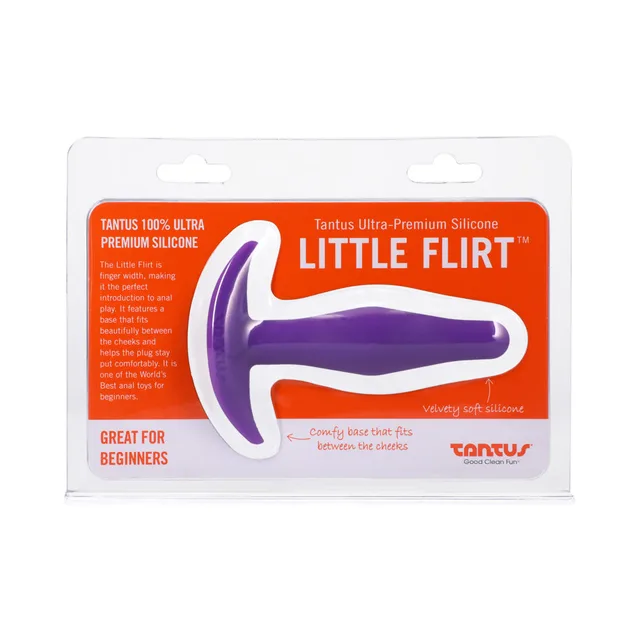 Tantus Little Flirt Lilac plug displayed in clear retail pack