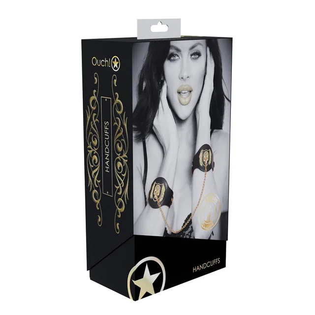 black London handcuffs with gold embroidered panels and chain on box