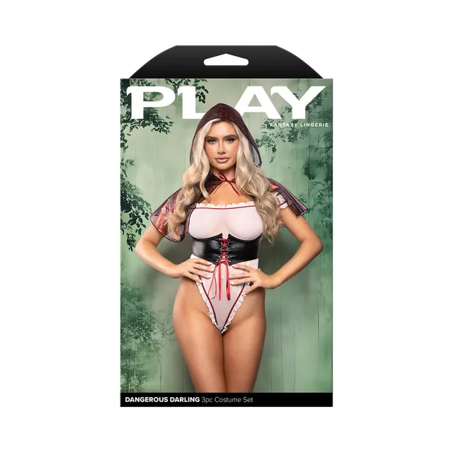 Model wearing L/XL Dangerous Darling white teddy and hooded cape on box