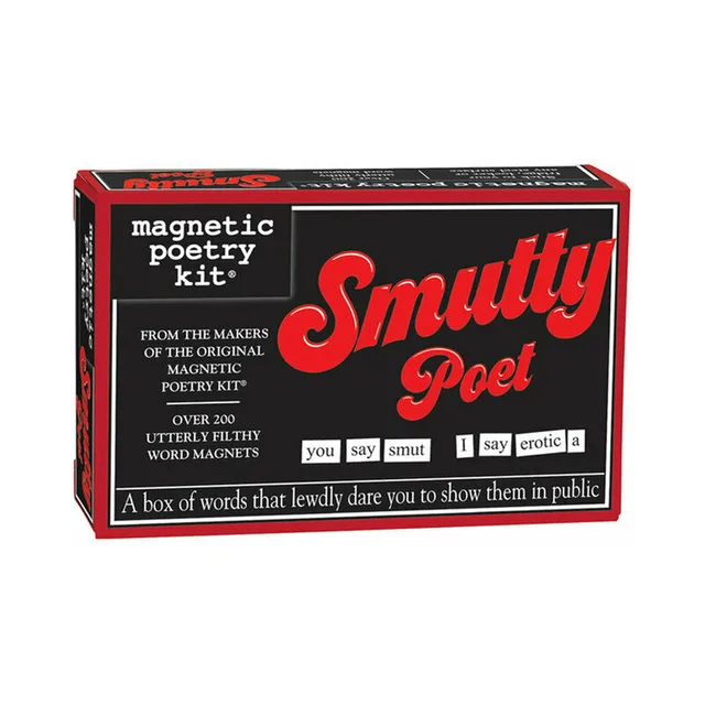 red and black Smutty Poet Magnetic Poetry Kit box with sample word magnets