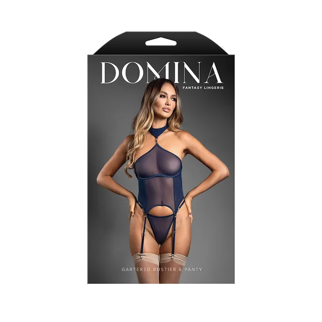 Domina package showing blue gartered mesh bustier with choker halter