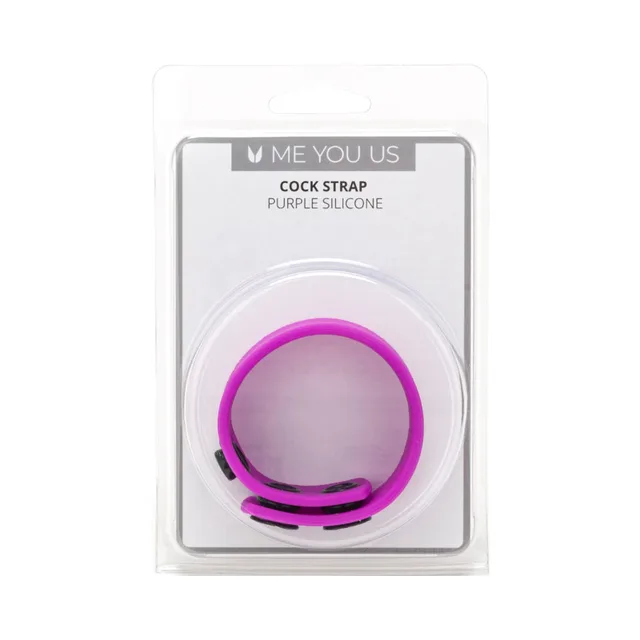 Me You Us purple silicone cock strap arranged in a circle inside clear blister with overlapping lower ends