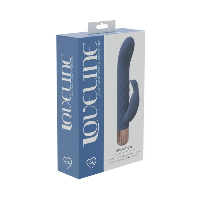 blue-gray LoveLine Devotion mini rabbit vibrator pictured on blue box