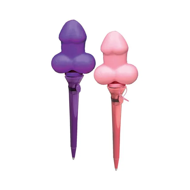 Pink and purple popping penis pens side by side