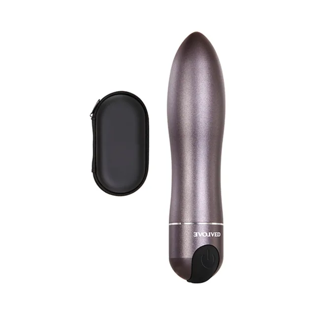 Gunmetal Travel-Gasm bullet vibrator beside black zip case