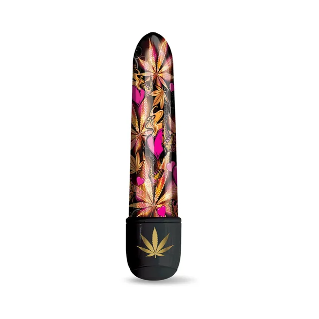 Black Pink Kush mini vibrator with colorful cannabis print