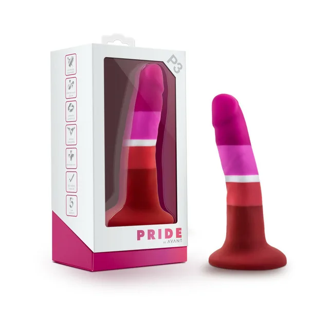 Avant Pride P3 rainbow silicone dildo beside its white display box