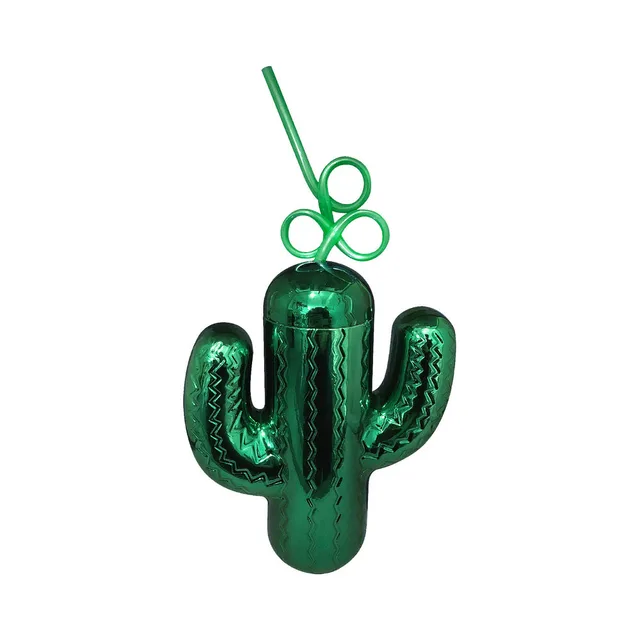 metallic green cactus-shaped cup with screw-top lid and curly straw