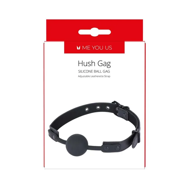 black Me You Us Hush silicone ball gag with eyelet-adjustable leatherette strap on package