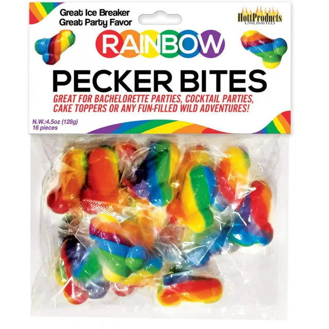 Clear bag of 16 individually wrapped Rainbow Pecker Bites candies