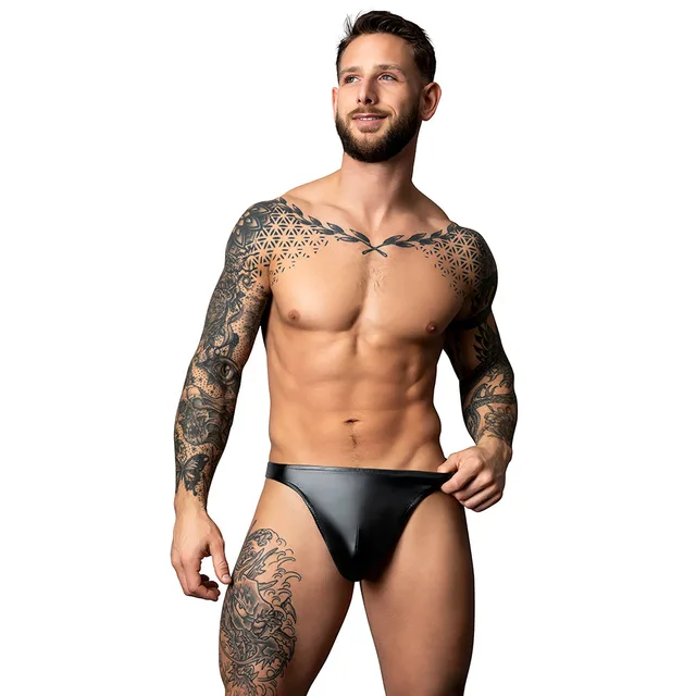 Male model wearing black Liquid Onyx wet-look thong size L/XL