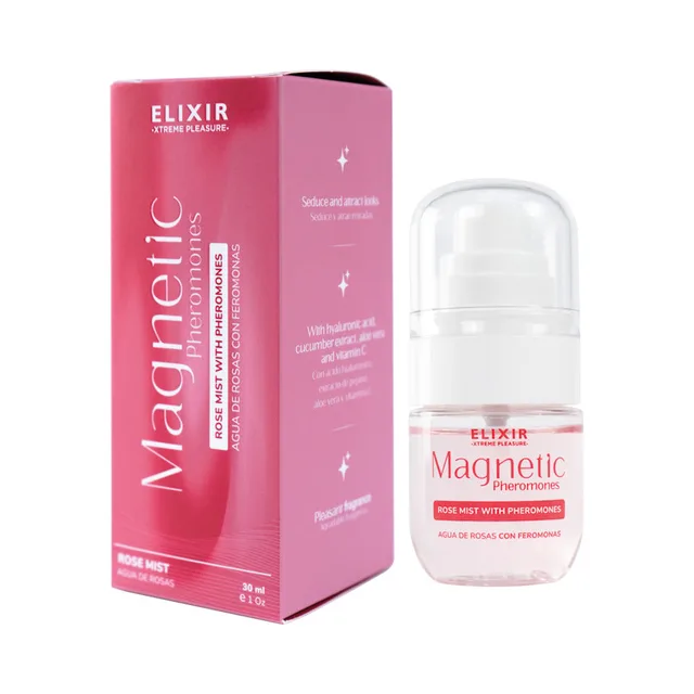 Elixir Magnetic Rose Mist 1 oz clear pump bottle beside pink carton