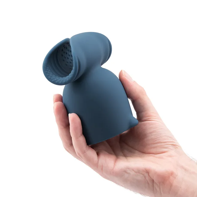 Le Wand Stroke blue silicone attachment dual-opening attachment held in one hand