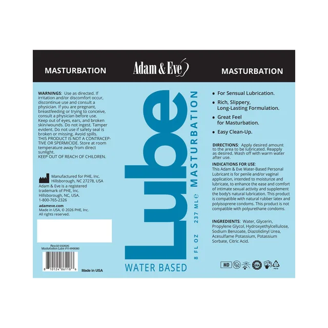 Adam & Eve Masturbator Water-Based Lubricant 8 oz flattened front and rear label artwork with ingredient panel
