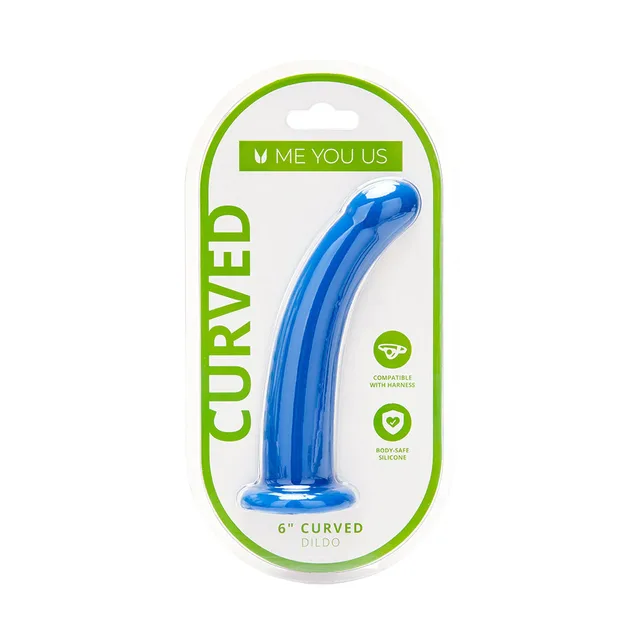 glossy blue Me You Us six-inch curved silicone dildo with flared base in package