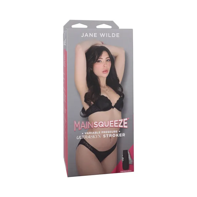 Jane Wilde Main Squeeze ULTRASKYN stroker retail box with coral side panel