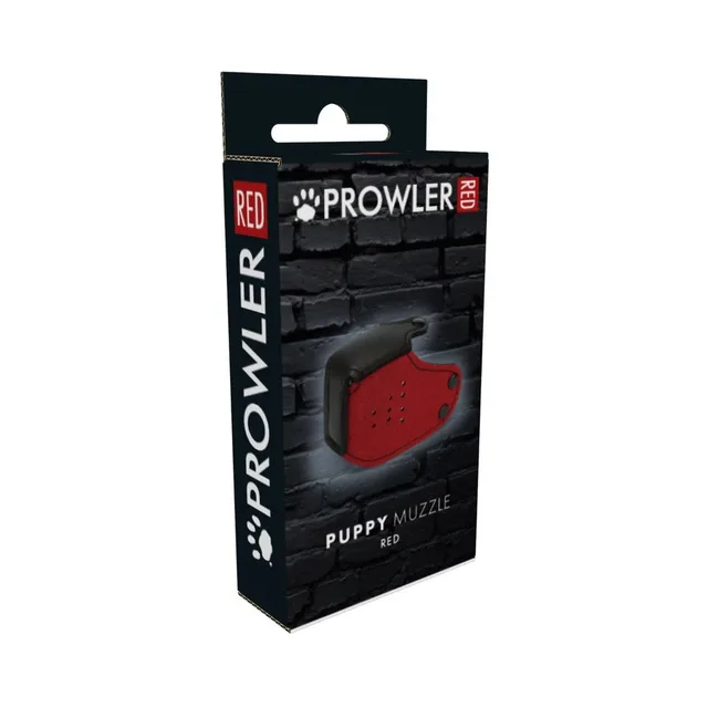 Prowler RED red neoprene Puppy Muzzle shown on black brick-pattern retail box with black trim and snap tabs