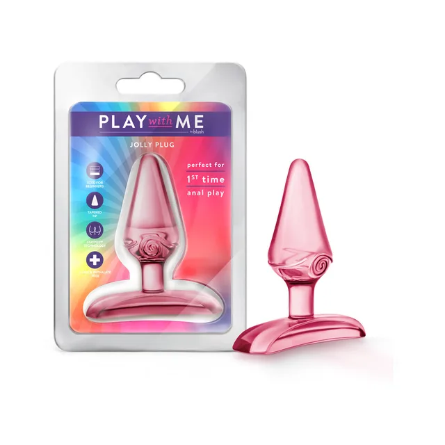 Blush Play With Me Jolly pink tapered TPE plug beside front retail package