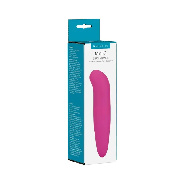 hot pink Me You Us Mini G curved vibrator with tapered tip displayed on teal box
