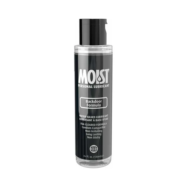 Moist Backdoor Formula 4.4 oz clear lubricant pump bottle with black label